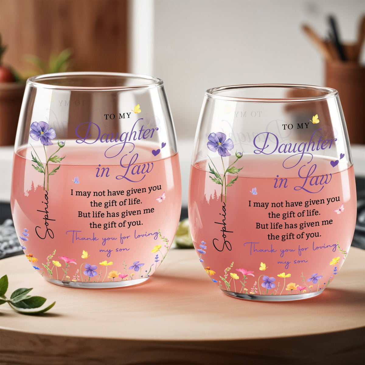 Personalized Flower  Stemless Wine Glass - To My Daughter In Law Gift