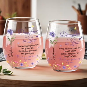 Personalized Flower  Stemless Wine Glass - To My Daughter In Law Gift