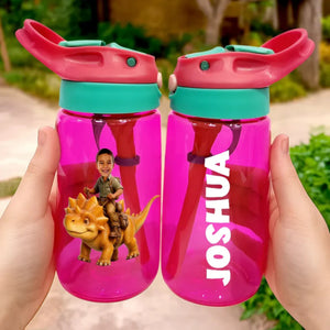 Personalized Photo Cute Kid Riding Dinosaur Flamingo Water Bottle - Back To School Gift