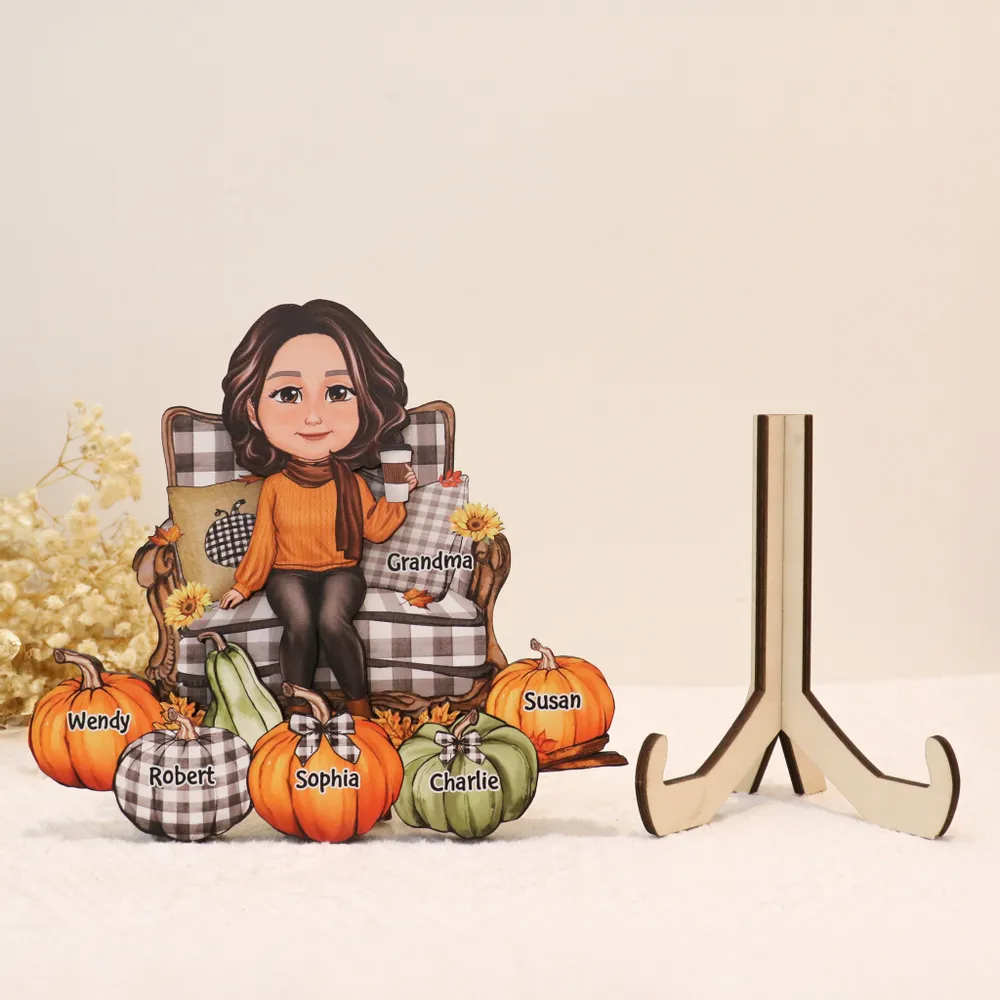 Sitting On Chair Pumpkins Personalized 2-Layer Wooden Plaque, Fall Season Decor, Gift For Grandma
