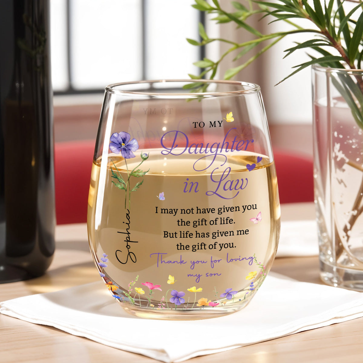 Personalized Flower  Stemless Wine Glass - To My Daughter In Law Gift