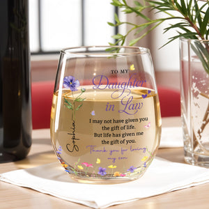 Personalized Flower  Stemless Wine Glass - To My Daughter In Law Gift