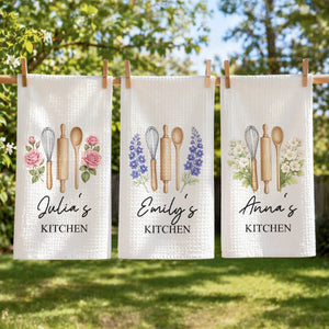 Personalized Floral Kitchen Towel With Baking Utensils - Gift For Grandma & Mom