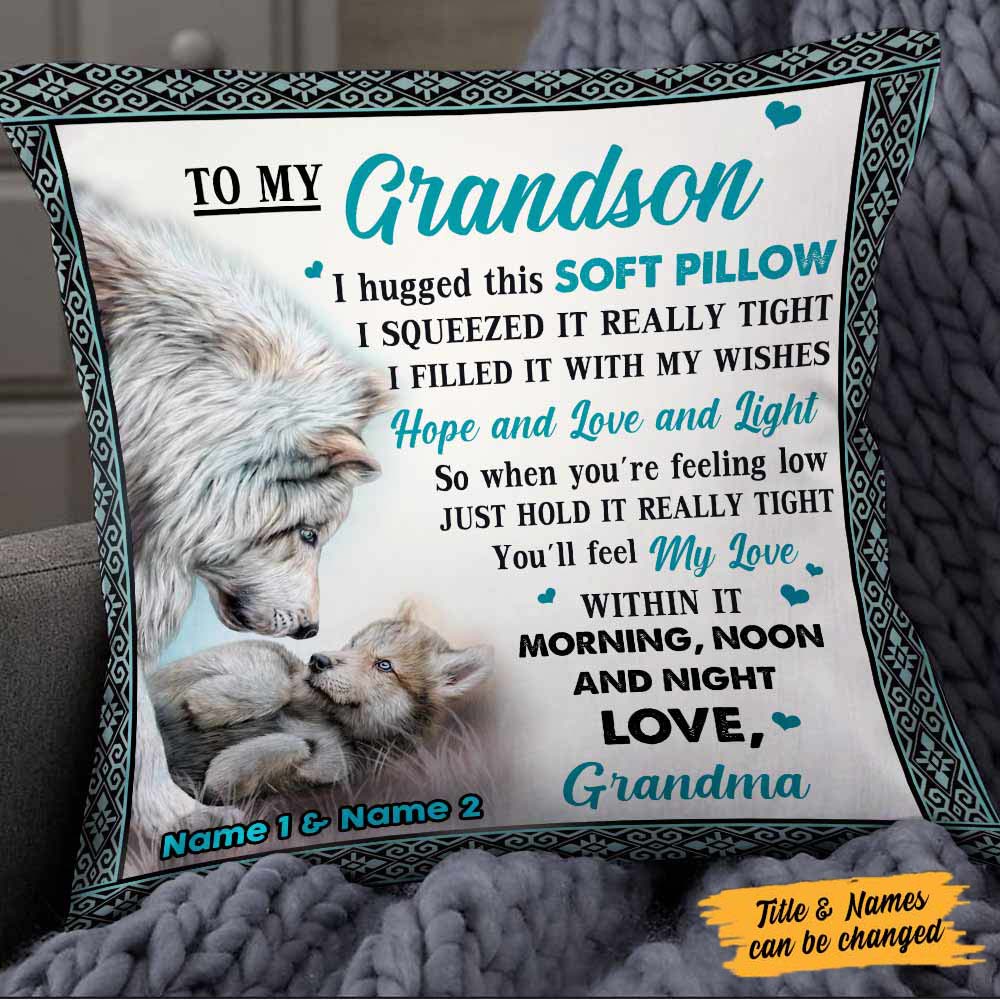 Personalized Wolf To My Grandson Hug This Pillow