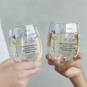 Personalized Flower  Stemless Wine Glass - To My Daughter In Law Gift