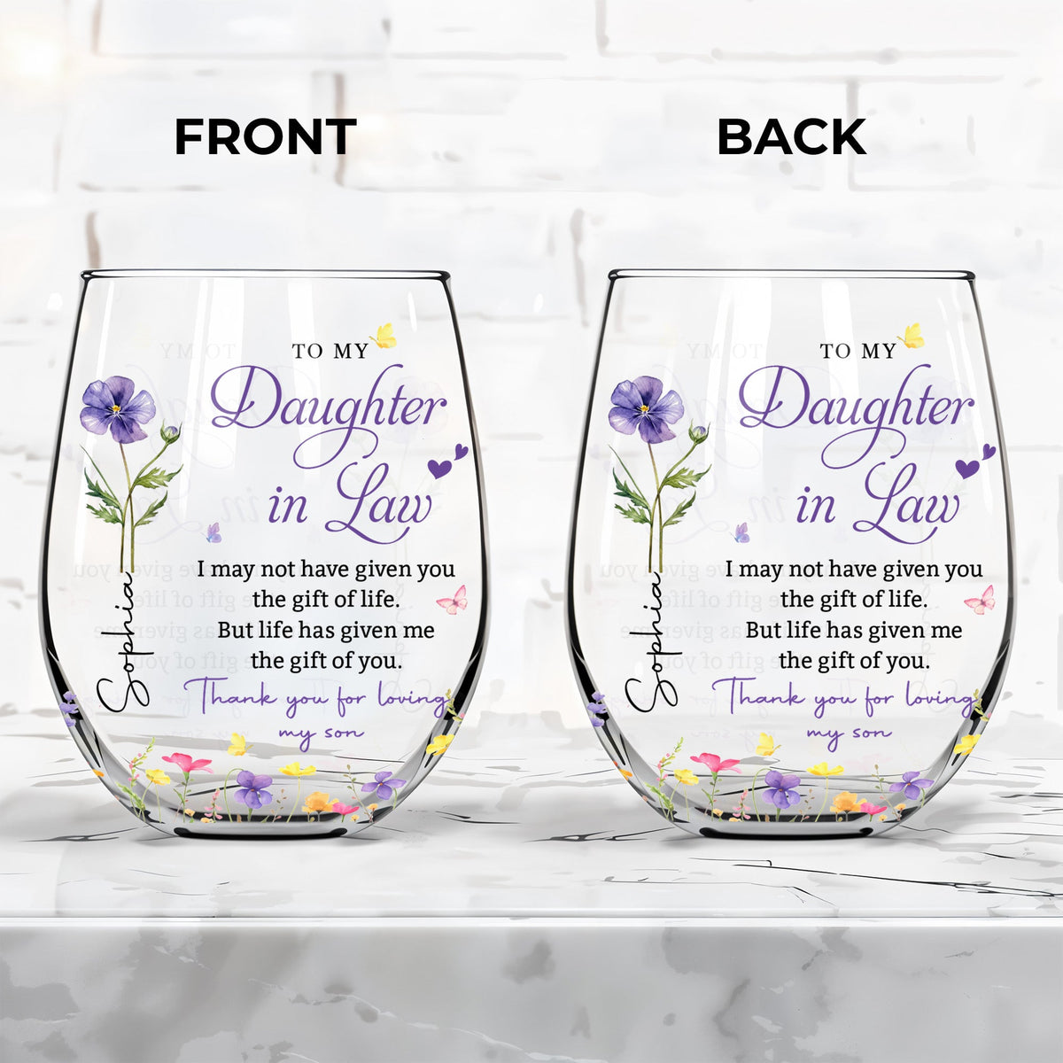 Personalized Flower  Stemless Wine Glass - To My Daughter In Law Gift