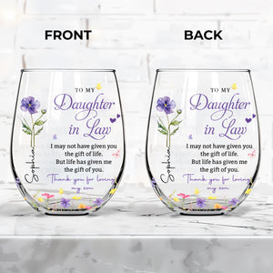 Personalized Flower  Stemless Wine Glass - To My Daughter In Law Gift