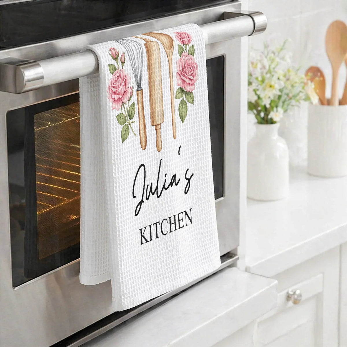 Personalized Floral Kitchen Towel With Baking Utensils - Gift For Grandma & Mom