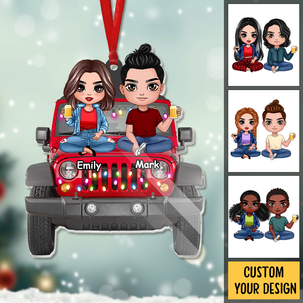 Couple With Car - Personalized Christmas Acrylic Ornament - Best Gift For Couple, For Christmas
