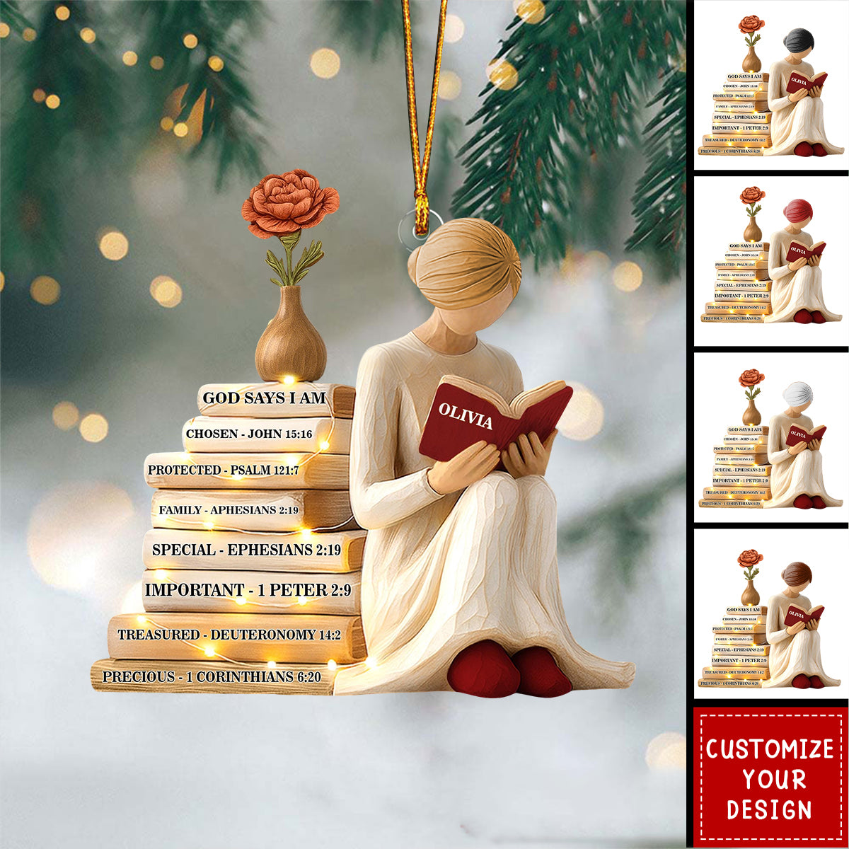 Personalized God Says I Am Ornament, Christmas Ornament for Readers, Custom Birth Month Flower and Name Keepsake