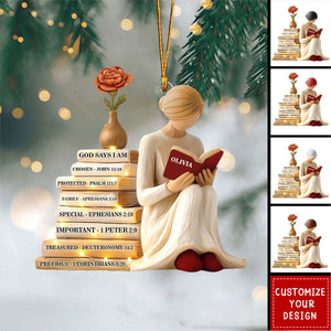 Personalized God Says I Am Ornament, Christmas Ornament for Readers, Custom Birth Month Flower and Name Keepsake