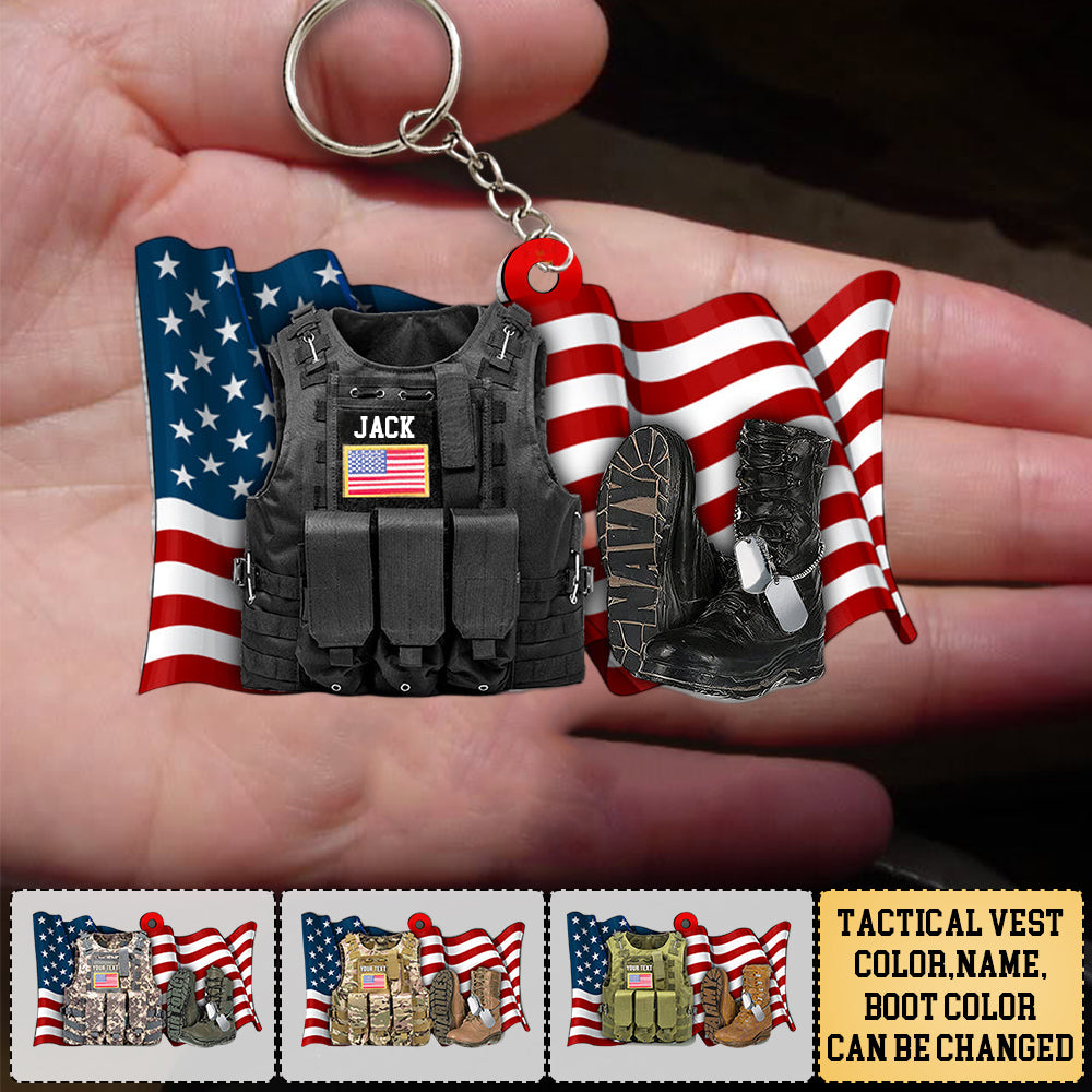 Personalized Acrylic Keychain-Military Combat Boots Flag America-Custom Acrylic Keychain Gift Veteran