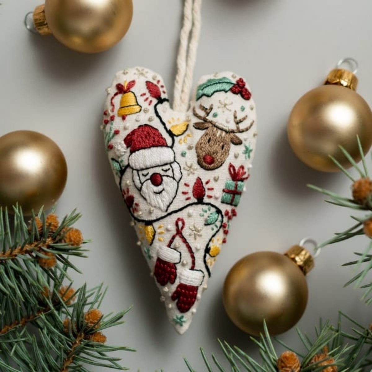 DIY Heart Shaped Hand Embroidered Christmas Ornament