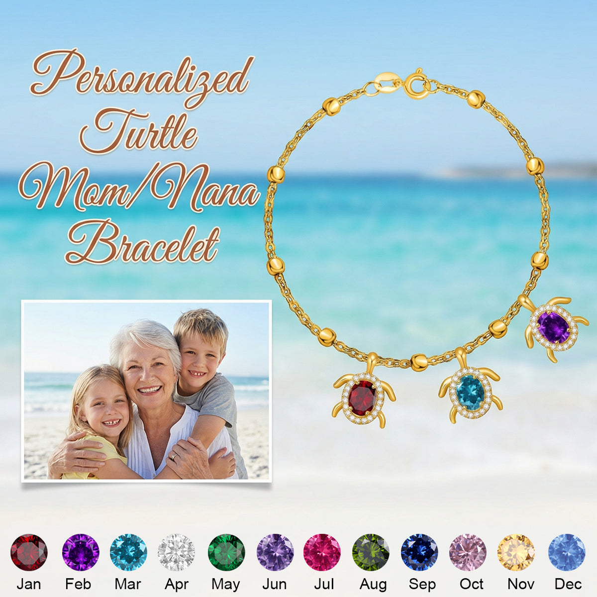 Personalized Sea Turtle Birthstones Bracelet - Gift For Mom,Grandma