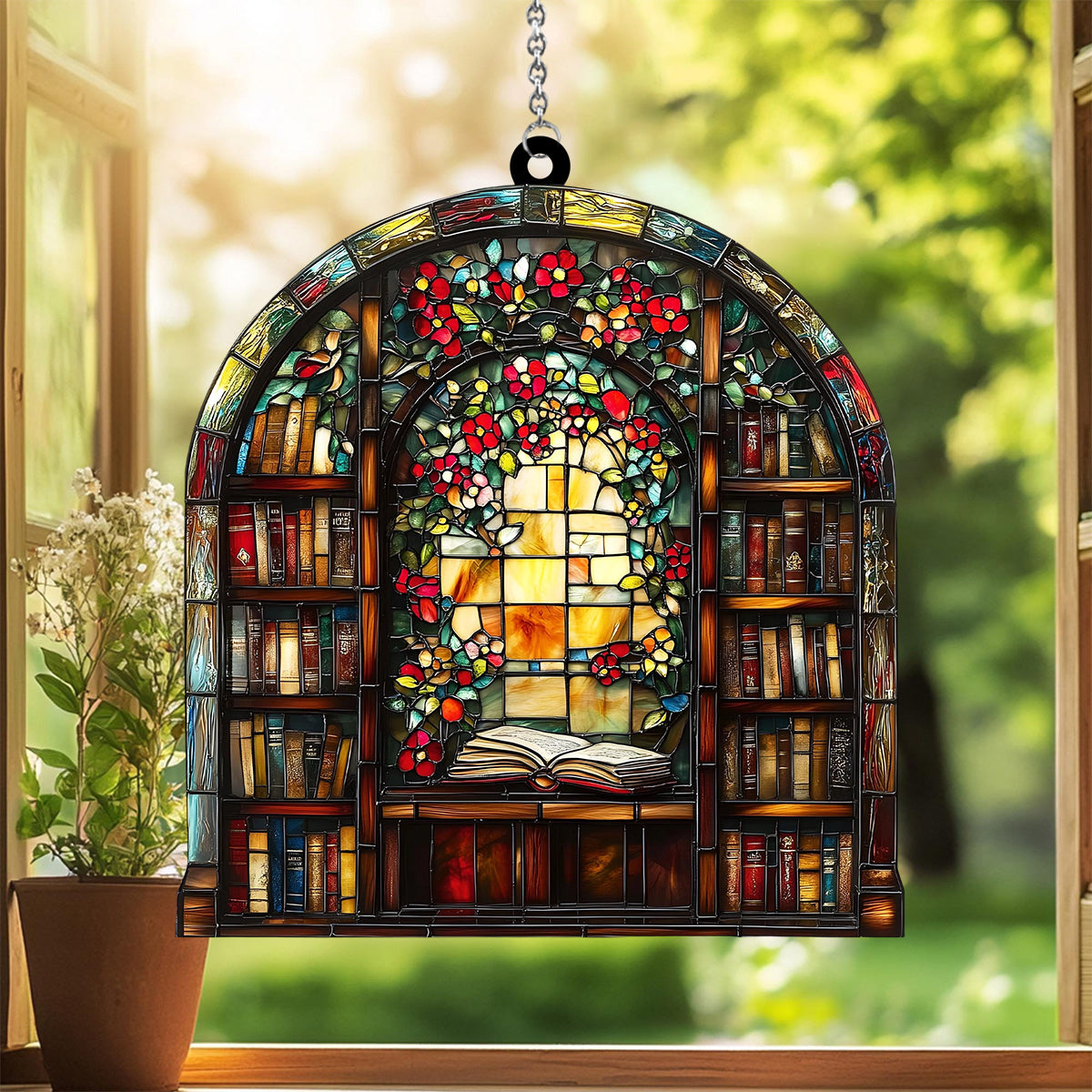 Library Bookshelf Window Hanging - Gift for Book Lover