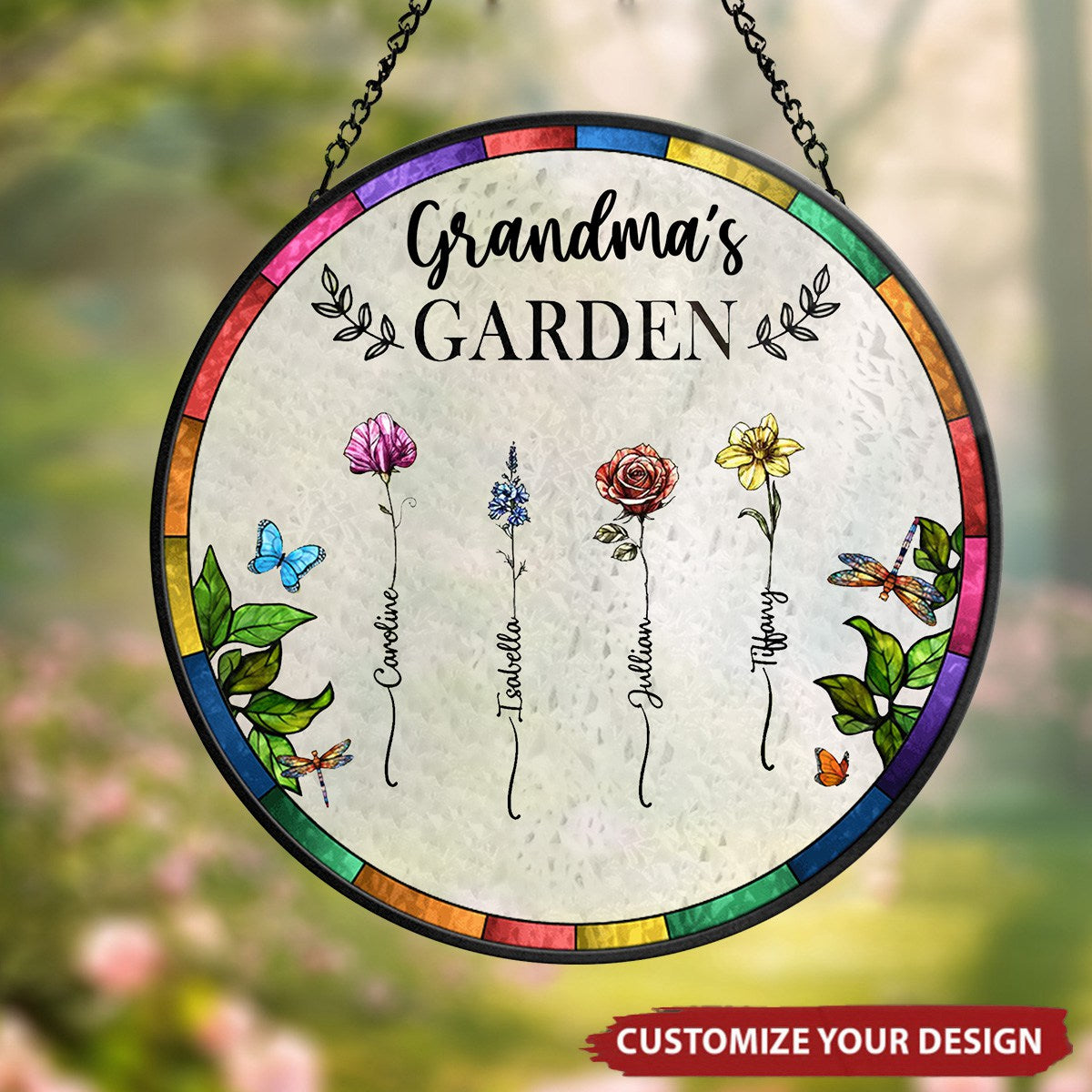 Birth Flower Grandma's Garden - Personalized Stained Glass Window Hanging Suncatcher