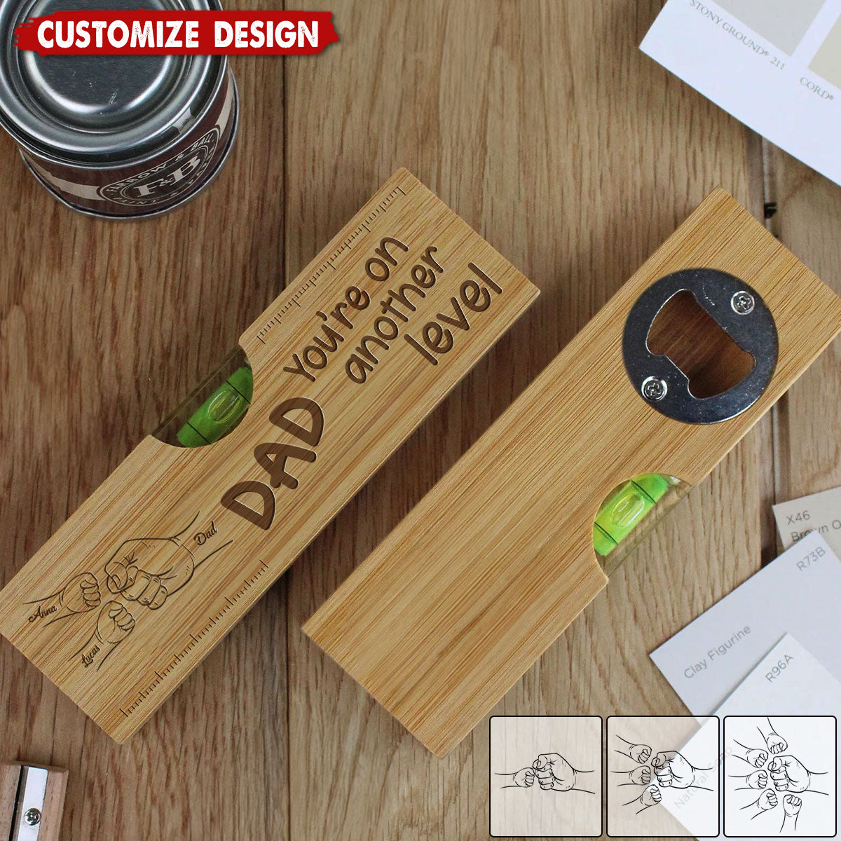 Dad Fist Bump - Personalized Engraved Wooden Spirit Level Bottle Opener