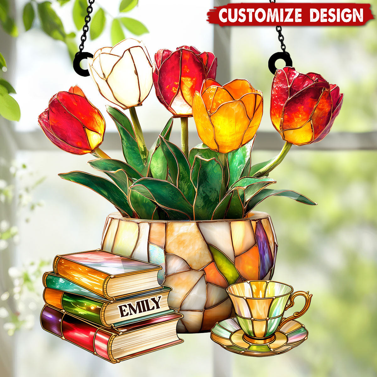 Nostalgic Tulips, Books, And Tea - Personalized Window Hanging Suncatcher