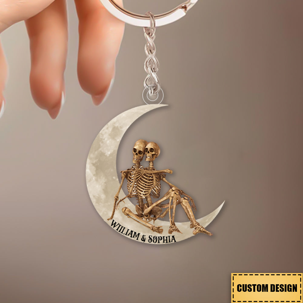 Personalized Skeleton Couple On The Moon Acrylic Keychain-Gift For Valentine's Day