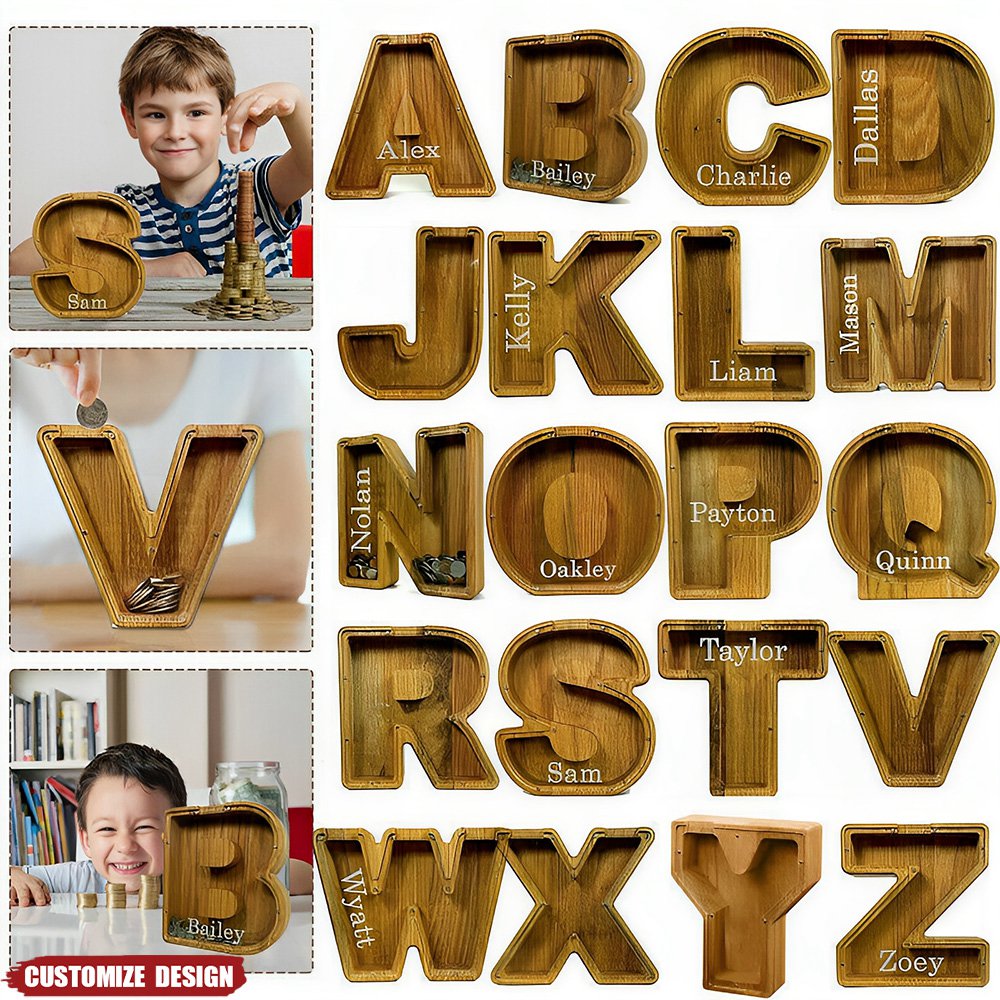 Custom initial Coin Bank With Name,Wooden Piggy Bank Gift For Boys or Girls