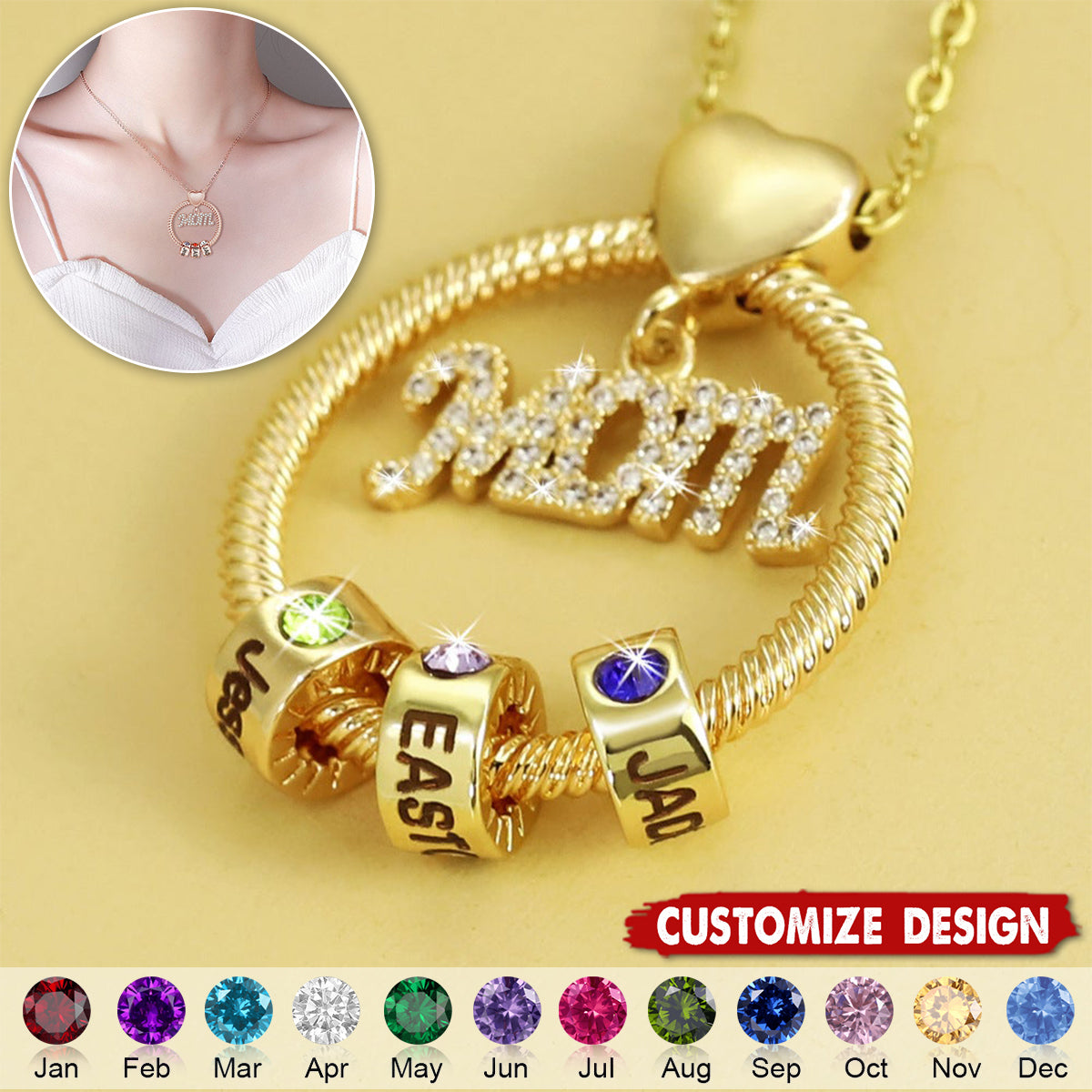 Personalized Circle Pendant With Birthstone Beads Necklace - Gift For Mom Grandma