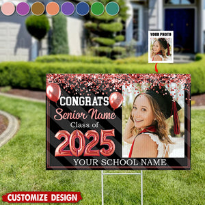 Personalized Congrats 2025 Senior Photo Multicolor Glitter Balloon Flag - Graduation Decoration Gift