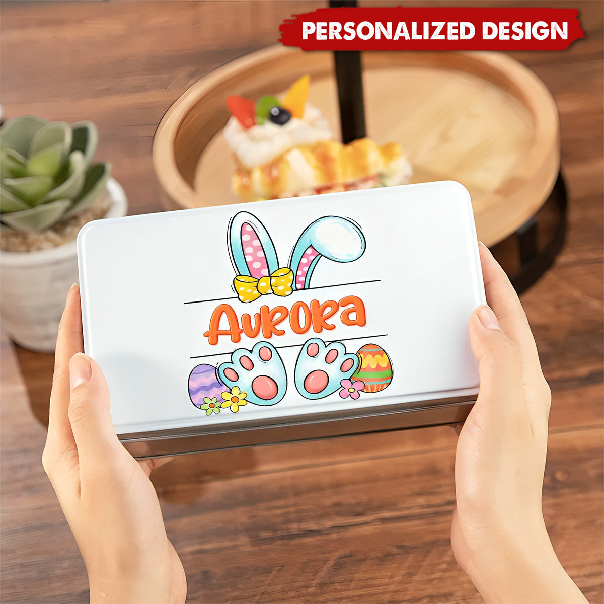 Cute Bunny Easter Eggs-Personalized Metal Biscuit Tin-Easter Gift for Kids