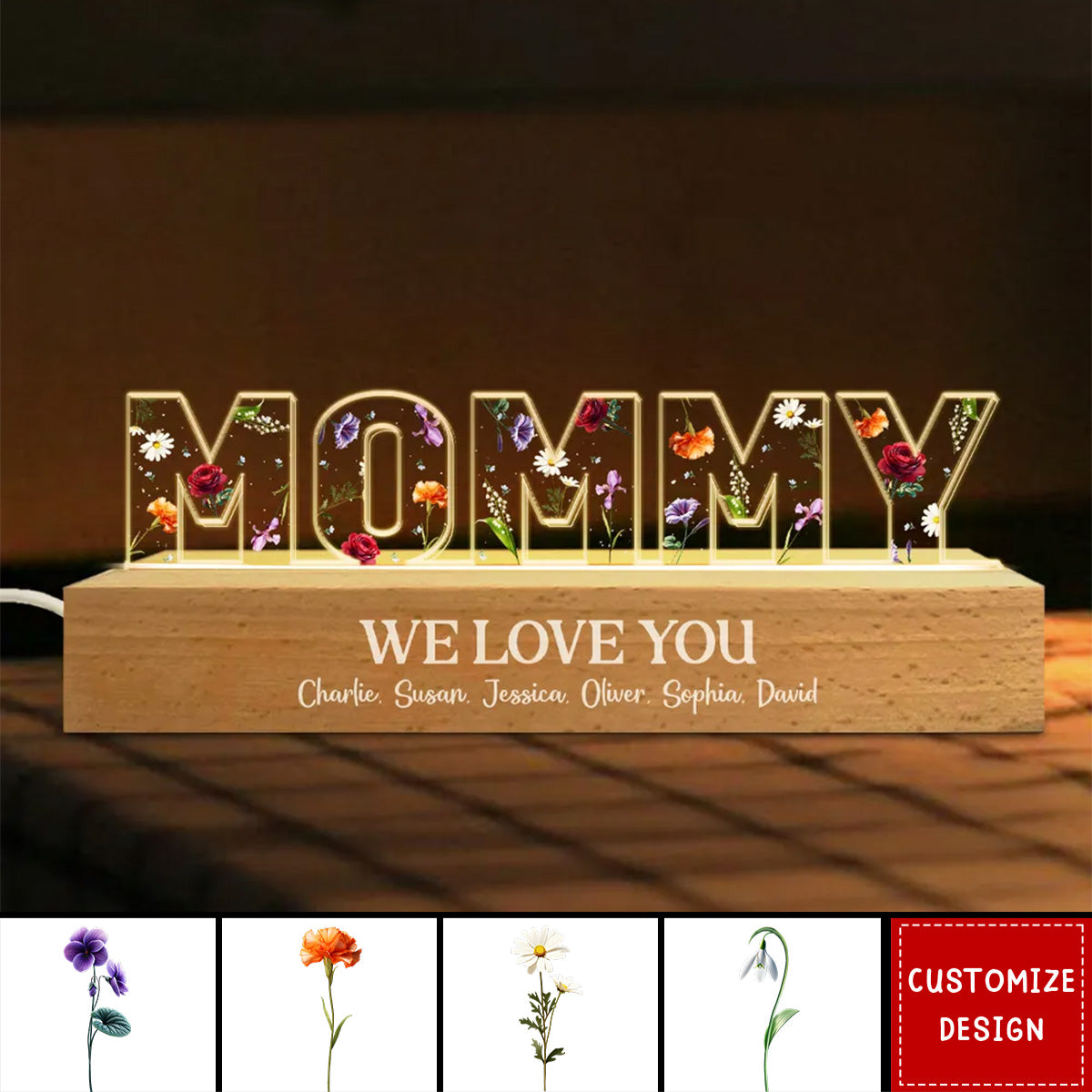 Mommy Birth Month Flowers Personalized Name LED Night Light-Gift For Mom