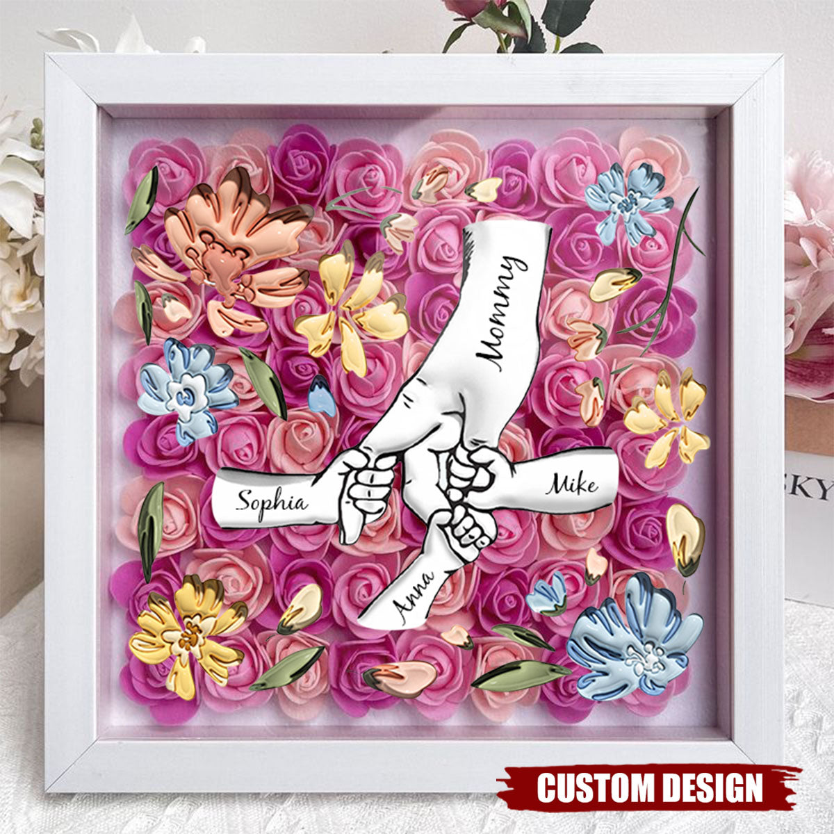 Holding Mom's Hands - Personalized Flower Shadow Box With Name
