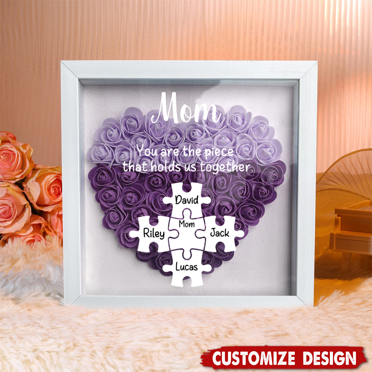 Personalized Mom Puzzle With Kids Names Heart Flower Shadow Box-Mother's Day Gift