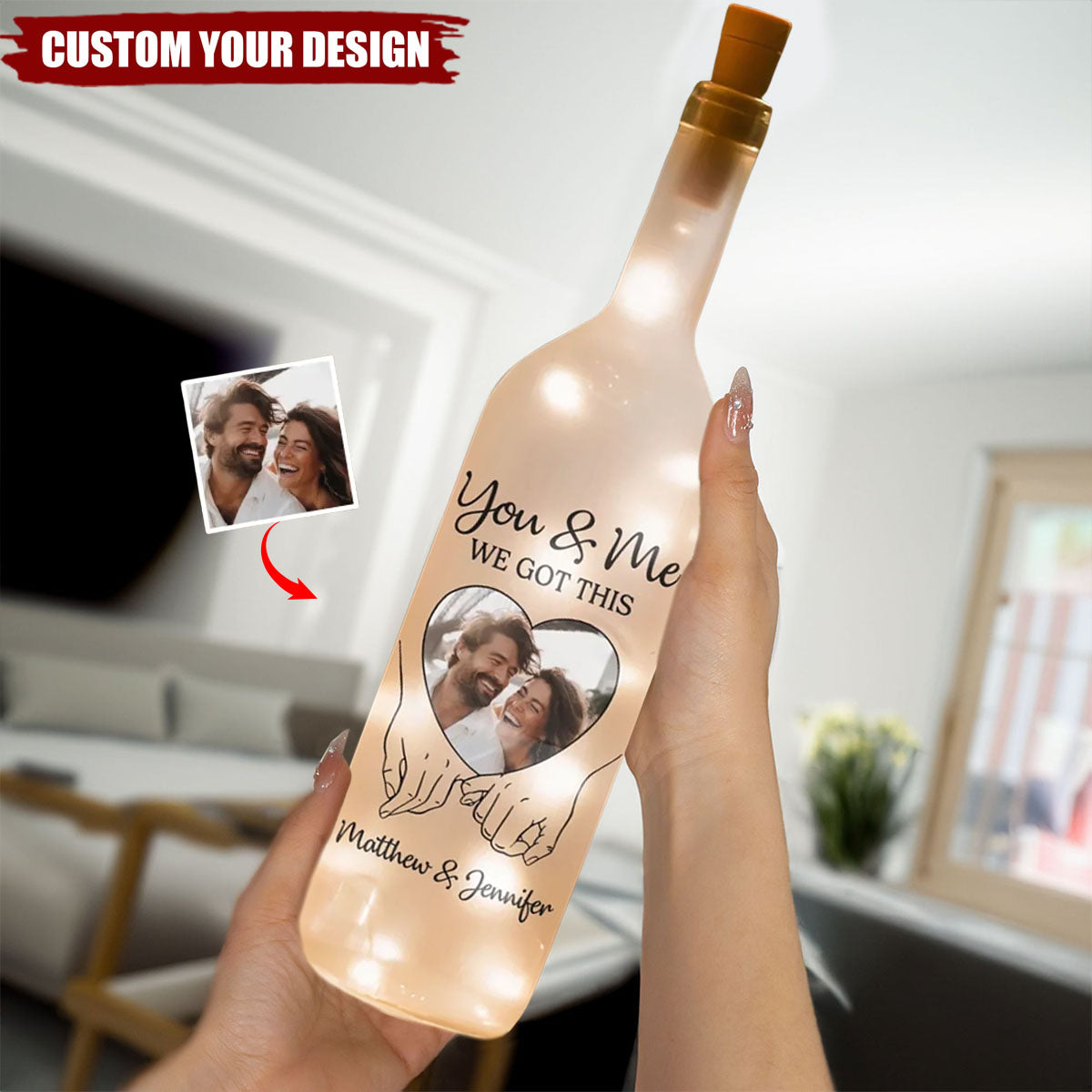 Custom Photo Hand In Hand, We Conquer All - Couple Personalized Custom Bottle Lamp - Gift For Husband Wife, Anniversary