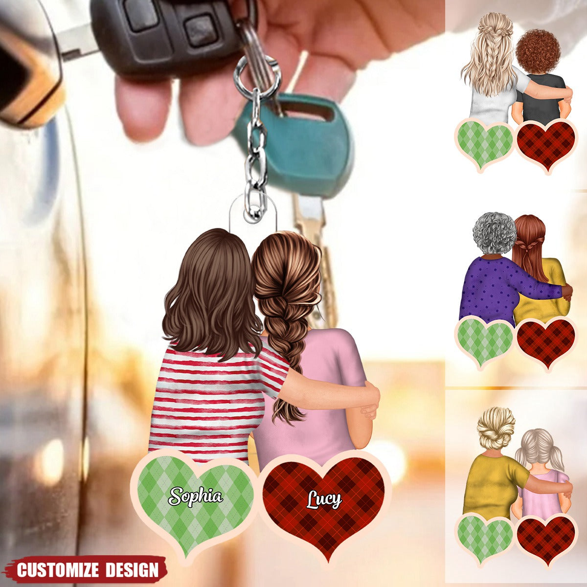 Checkered Pattern Hearts - Personalized Acrylic Keychain - Gift For Mom, Grandma