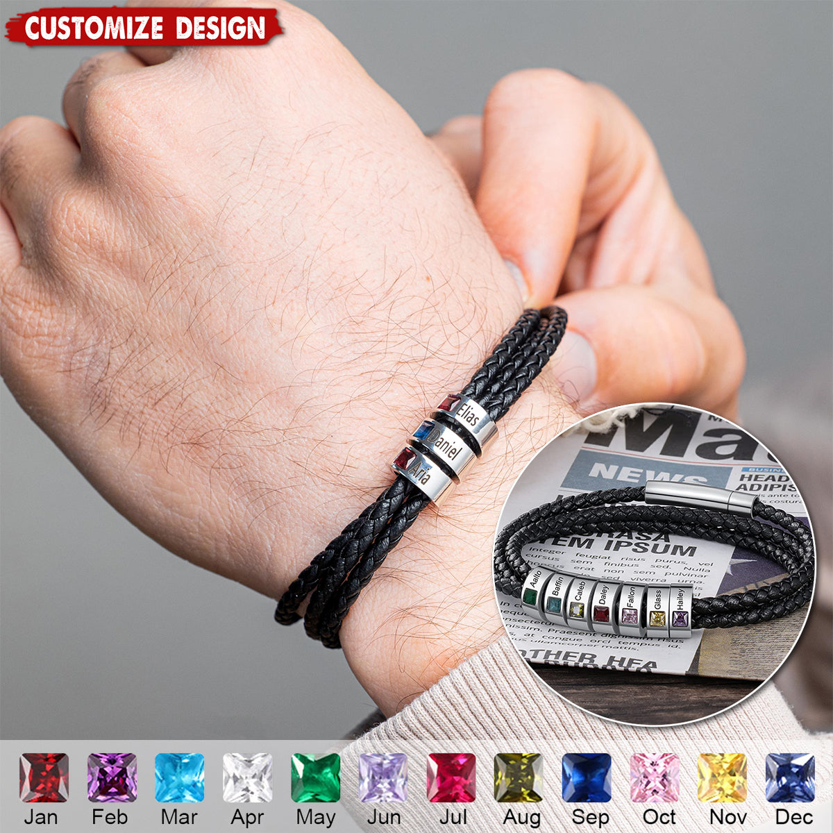 Personalized Mens Braid Bracelet with 1-8 Engraved Beads Family Names-Gifts for Men Father's day