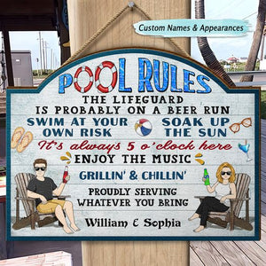 Pool Rules Swim At Your Own Risk Grilling - Home Decor, Backyard Decor, Gift For Her, Him, Family, Couples, Husband, Wife - Personalized Custom Shaped Wood Sign