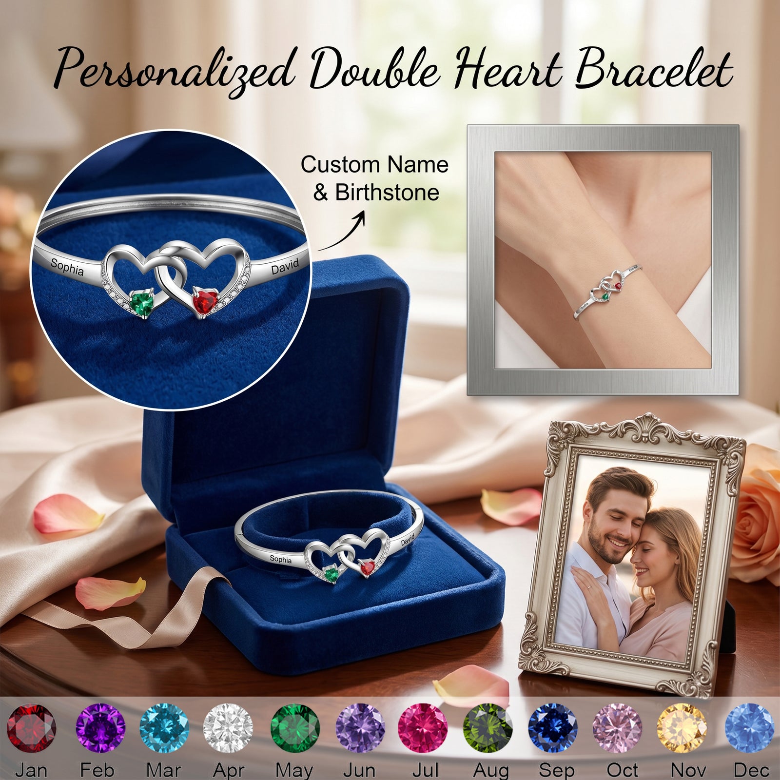 Personalized Double Heart Birthstone Bracelet - Gift For Couple,Mom,Grandma