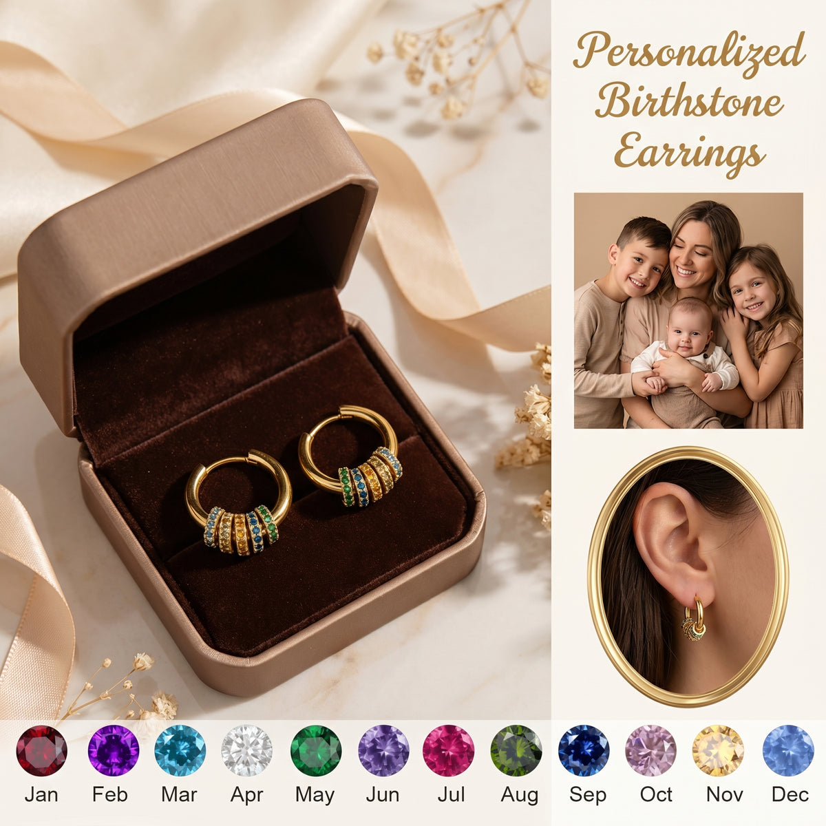Personalized Multiple Birthstone Hoop Earrings, Minimalist Birthstone Circle Earrings, Mother's Day Gift