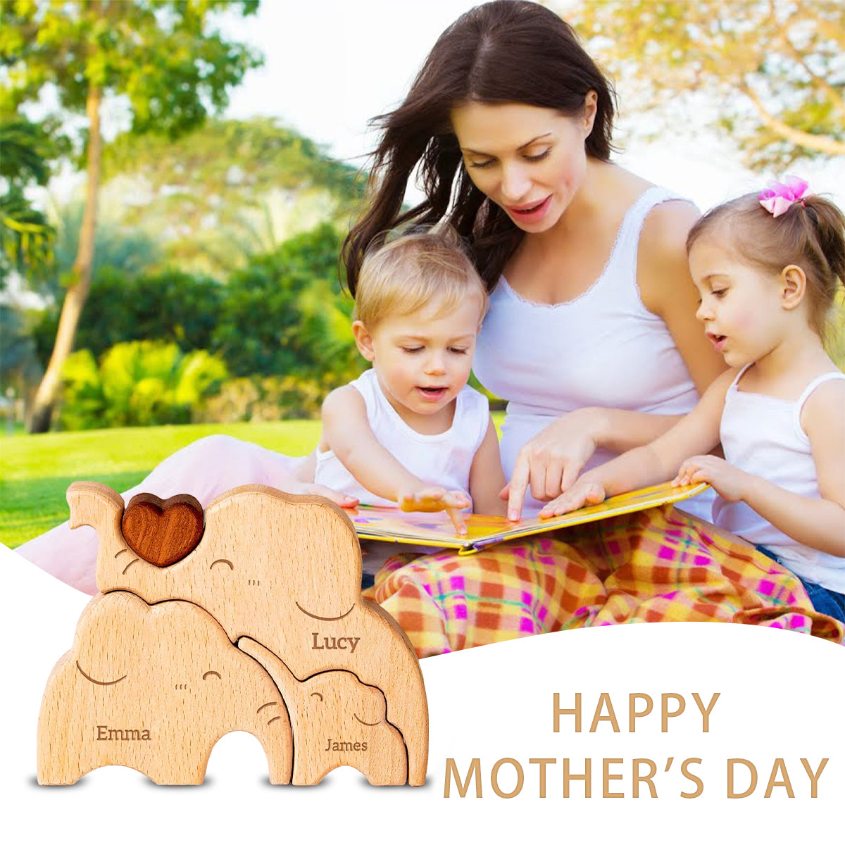 Mommy Elephant Family Wooden Puzzle - Mother's Day Gift For Mom,Grandma