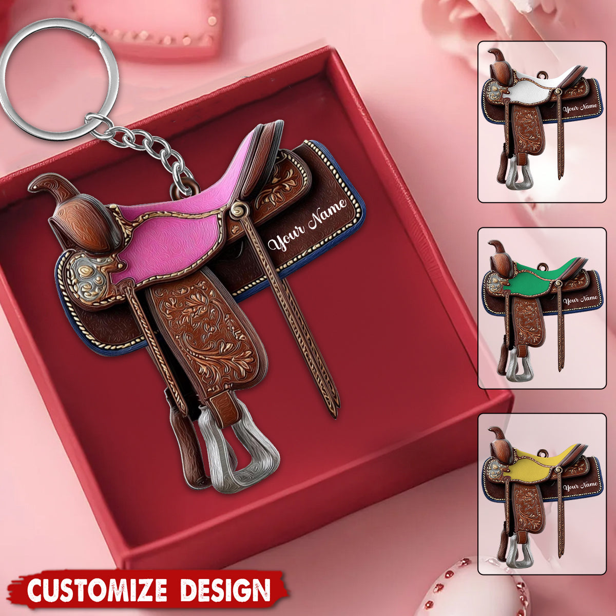 Personalized Western Horse Saddle Keychain - Gift for Riders Cowboy Cowgirl
