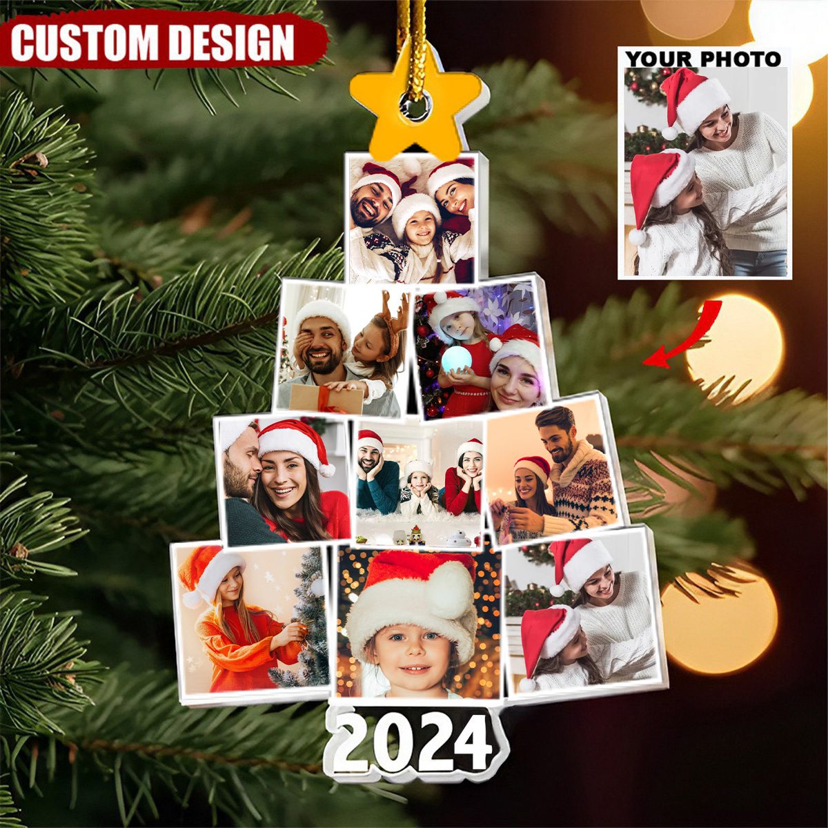 Custom Year & Photo - Photo Family-Couple-Pet Tree Christmas - Personalized Acrylic Photo Ornament