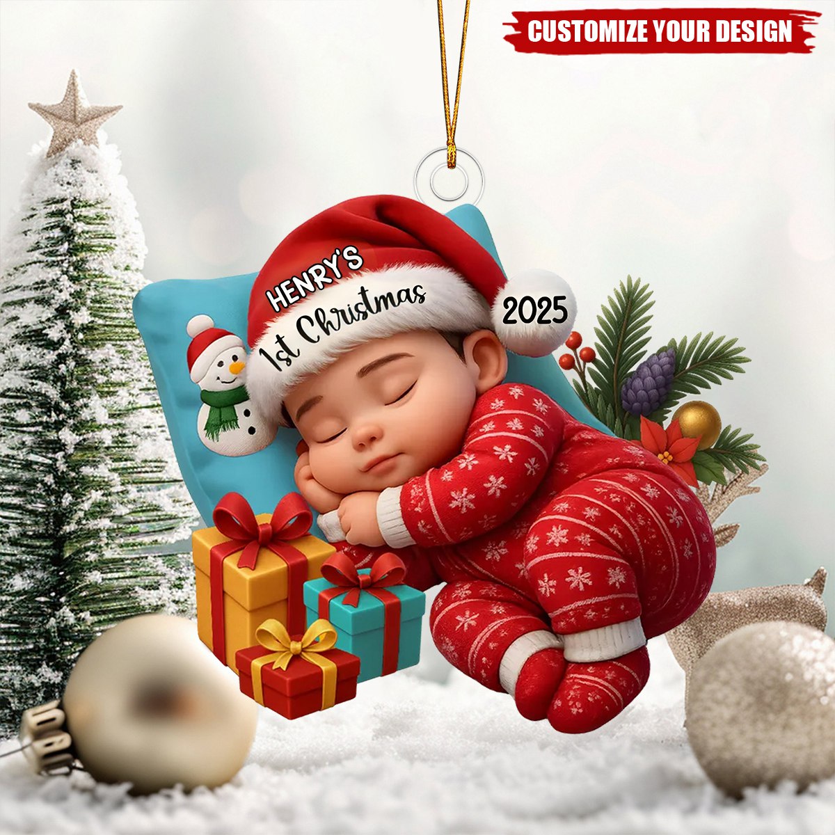 Sleeping Baby in Christmas Cheer Personalized Acrylic Ornament, Baby's 1st Christmas Keepsake, Baby Gift from Grandparents/Parents