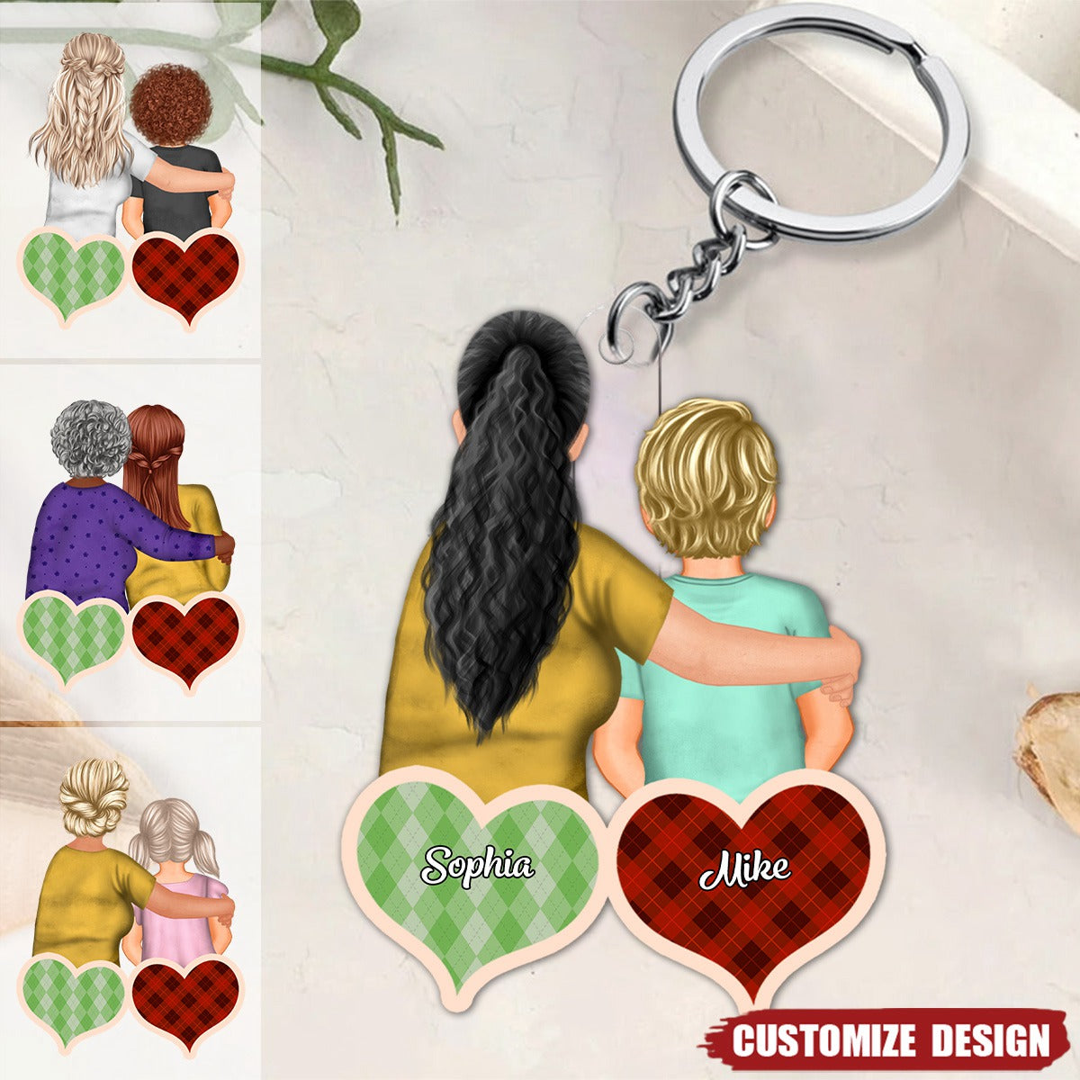 Checkered Pattern Hearts - Personalized Acrylic Keychain - Gift For Mom, Grandma