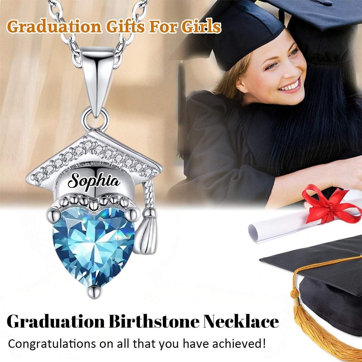 Personalized Graduation Cap Heart Birthstone Necklace, Graduation Gift for Class of 2025 Graduates