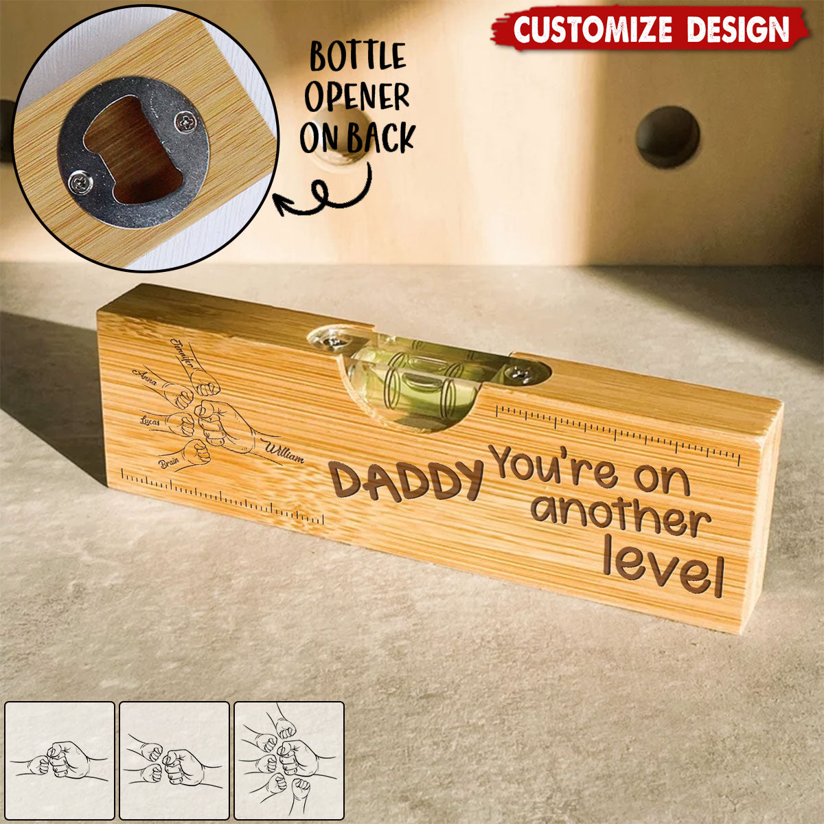 Dad Fist Bump - Personalized Engraved Wooden Spirit Level Bottle Opener