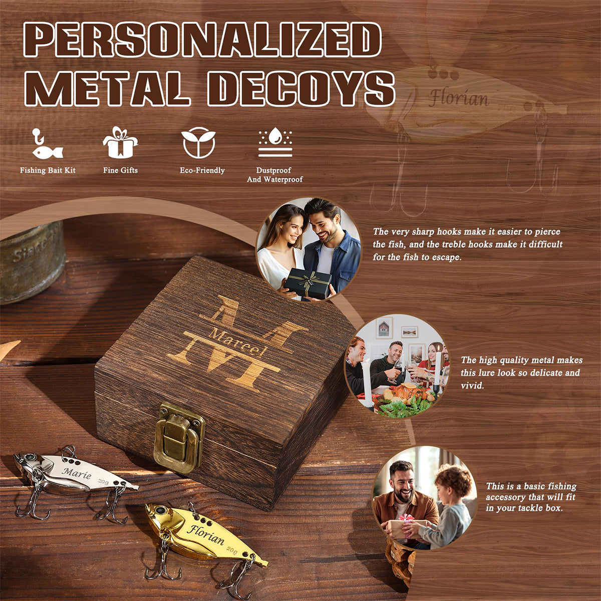 Personalized Metal Engraved Fishing Lure Hook With Wood Box - Gifts For Fishing Lover