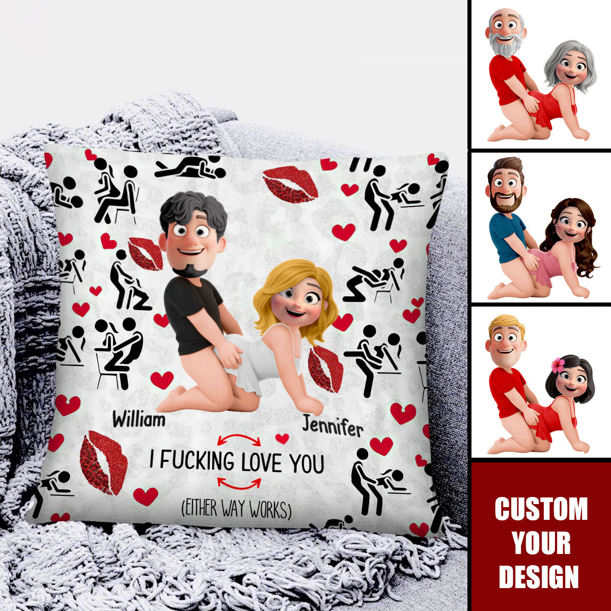 I Love You - Naughty Personalized Cartoon Couple Throw Pillow