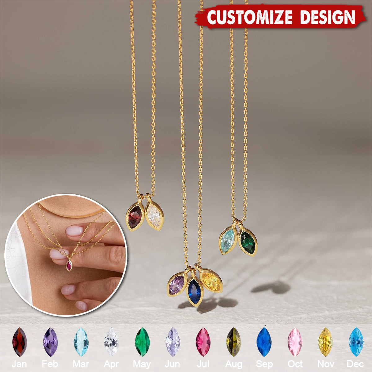 Personalized Leaf Birthstone Necklace - Gift For Mom Grandma