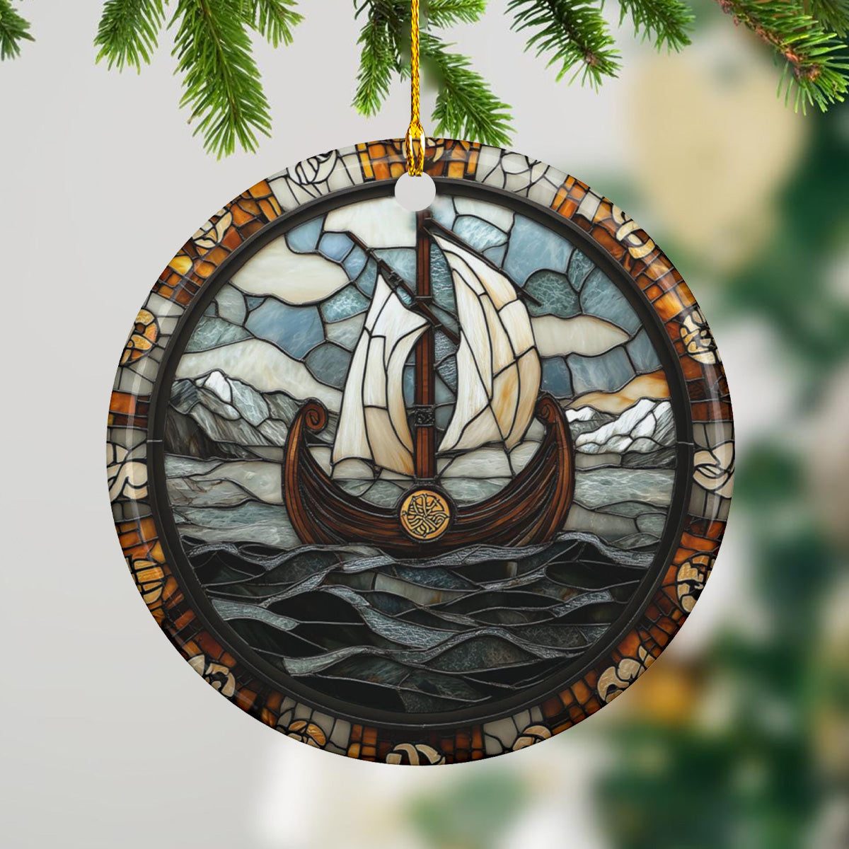 Round Viking Ship Ceramic Ornament