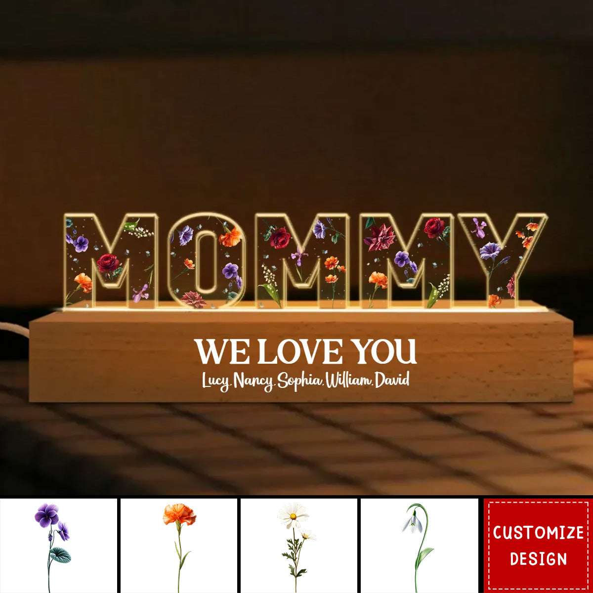 Mommy Birth Month Flowers Personalized Name LED Night Light-Gift For Mom