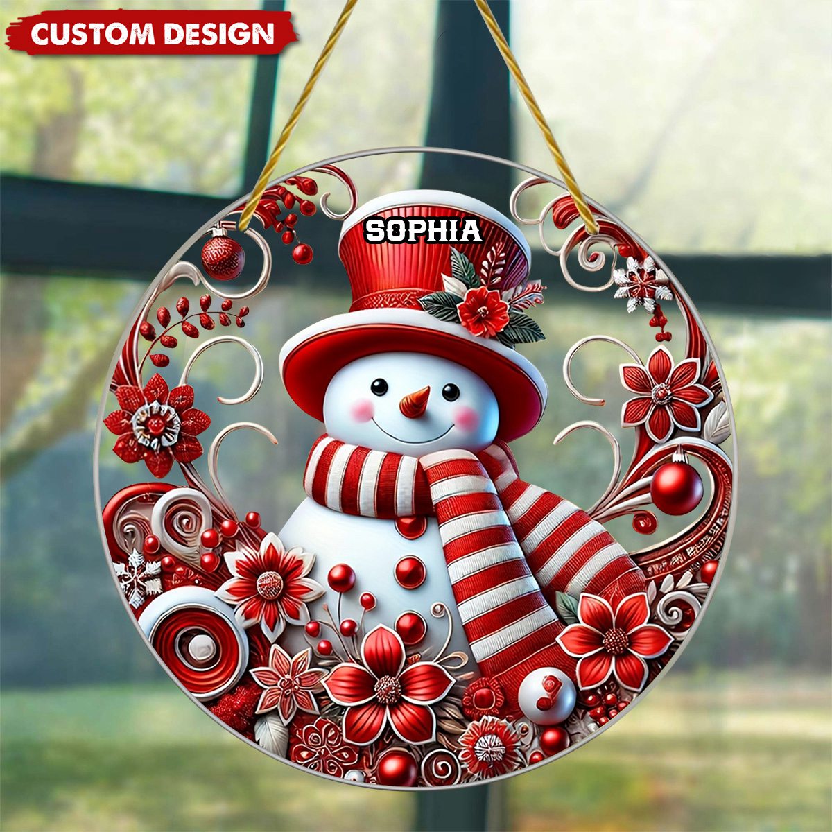 Snowman with Red Hat Personalized Window Hanging Ornament Suncatcher