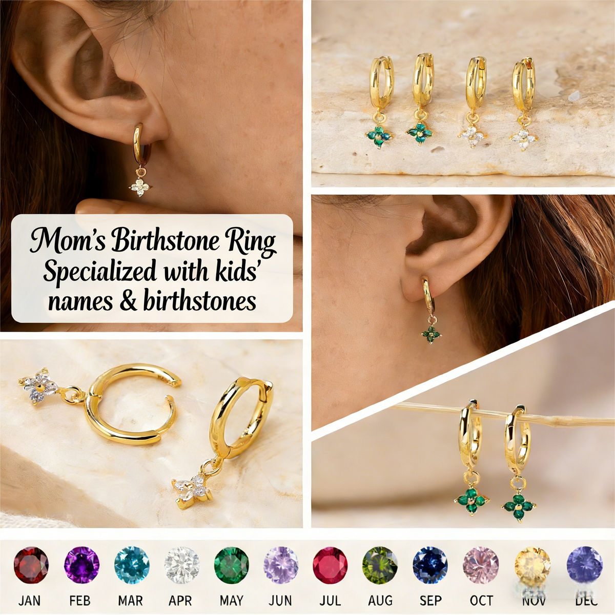 Dainty Flower Birthstone Huggies Earrings, Birthstone Dangle Hoop Earrings for Women, Everyday Hoops Earrings for Mom
